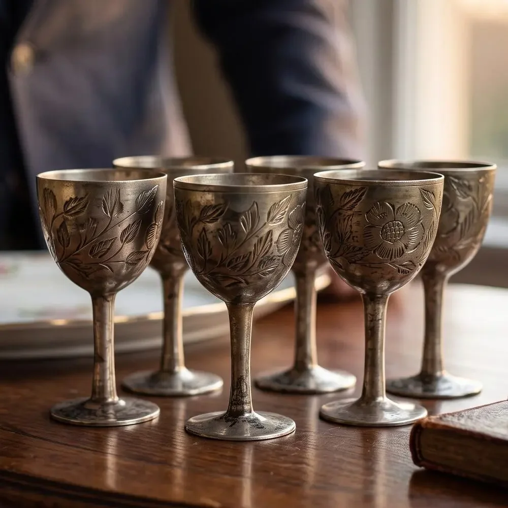 Vintage India Silver Plated Brass Cordial Goblets Set 6 Floral Boho Barware